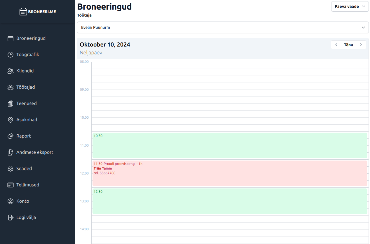 Admin bookings day view