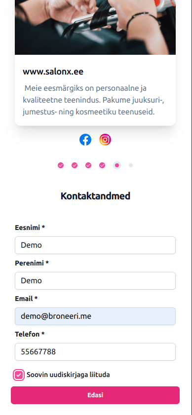 Kontaktandmete sisestamise samm kliendivaates