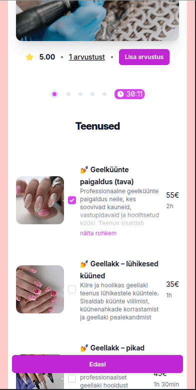Teenuse valiku samm kliendi broneerimislehel