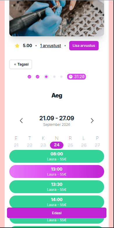 Aja valiku samm kliendi broneerimislehel