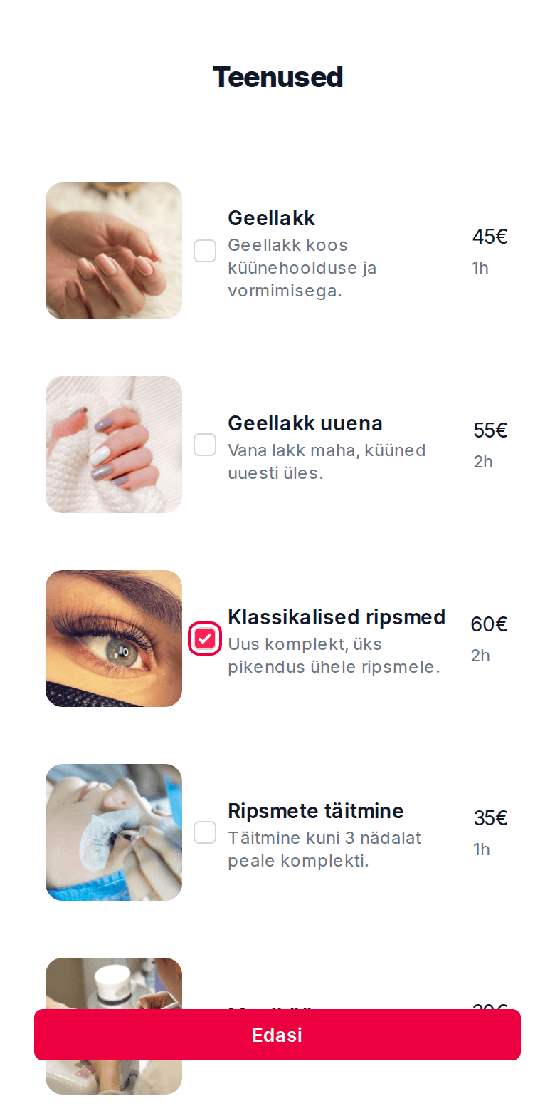 Teenuse valiku samm kliendi broneerimislehel