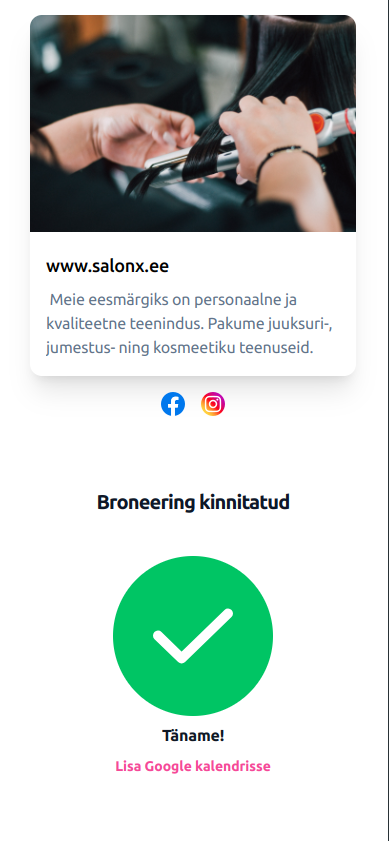 Kinnitatud broneeringu samm kliendivaates